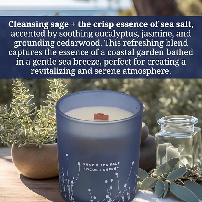White Sage Sea Salt Scented Candle - Large Wood Wick Soy Candle 10.6 oz - Sage Candles for Cleansing House - Aromatherapy Energy Cleansing Candle