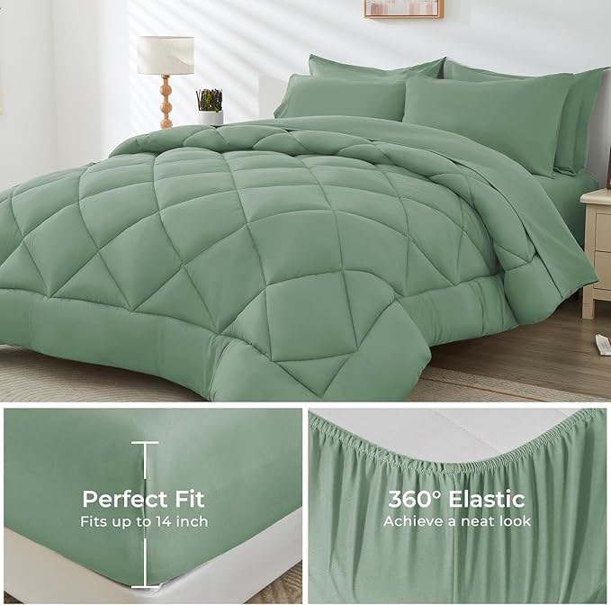 HEVUMYI Light Green King Comforter Set - 7-Piece All Season Bed in a Bag King, Ultra Soft Bedding Set with Comforter, Flat Sheet, Fitted Sheet, Pillowcases, Pillow Shams