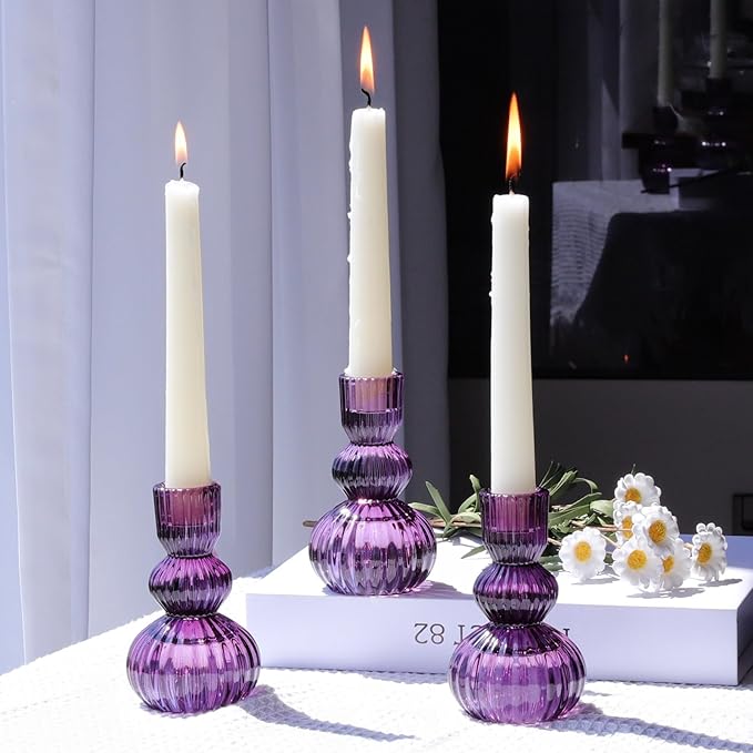 Woho Set of 6 Purple Taper Candle Holders 4.3" H for Halloween Decorations, Vintage Ribbed Glass Candlestick Holders for Wedding Table Centerpiece, Candle Sticks Holder Decor for Holiday Home Decor