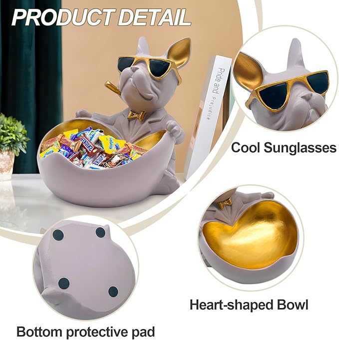 Bulldog Candy Bowl Decor, Heart-shaped Key Holder Bowl Candy Dish, Bulldog Accessories, Resin Bulldog Statue for Office Desk Home Decor Figurines Entryway Table Decor (Purple Grey)
