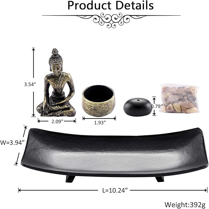 Jovivi Zen Garden Set Buddha Statue w/Tealight Candle Holder, Rocks & Incense Burner Holder & Wood Tray for Yoga Meditation Home Table Decor Gift