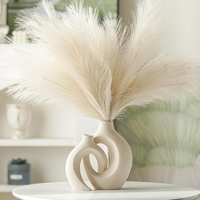 Levvohd Off White Hollow Ceramic Vase Set of 2, Round Modern Vase for Nordic Minimalist Book Style Shelf Decor, Donut Boho Aesthetic Vases for Trendy Home Living Room Entryway Coffee Table Decorative