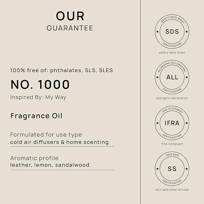 VINEVIDA [128 Fl Oz] Scent NO. 1000 Inspired by My Way Fragrance Oil For Cold Air Diffuser, Aromatic Notes of Leather Lemon Sandalwood, Essential Oil for Diffuser Oil Refill & Air Freshener Room Spray
