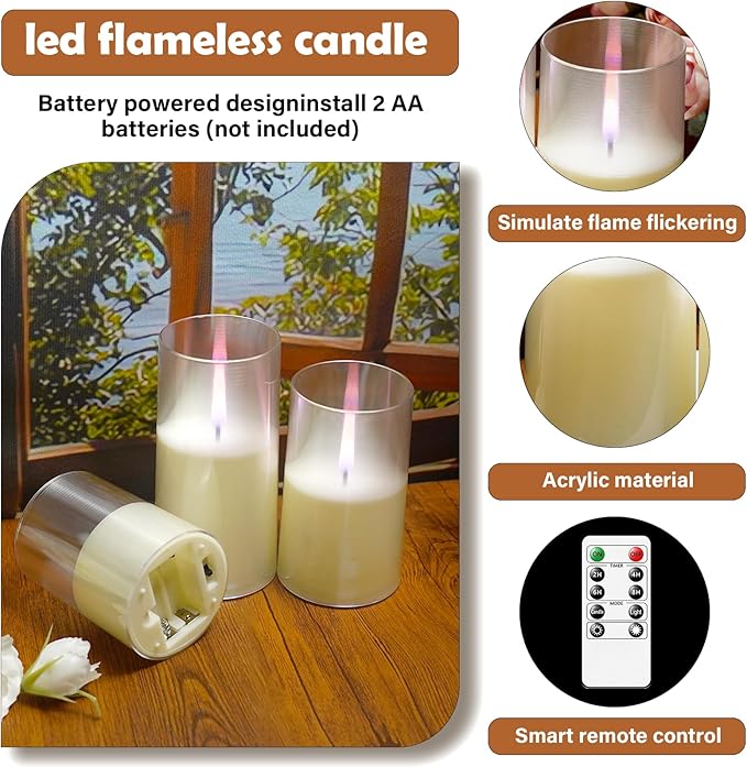 Flameless Candles Upgraded Realistic Flickering Flame,Battery Operated LED Candles with Remote Timers,Acrylic Electric Candles Set of 2(D 3" xH 6" 6")（Ivory）