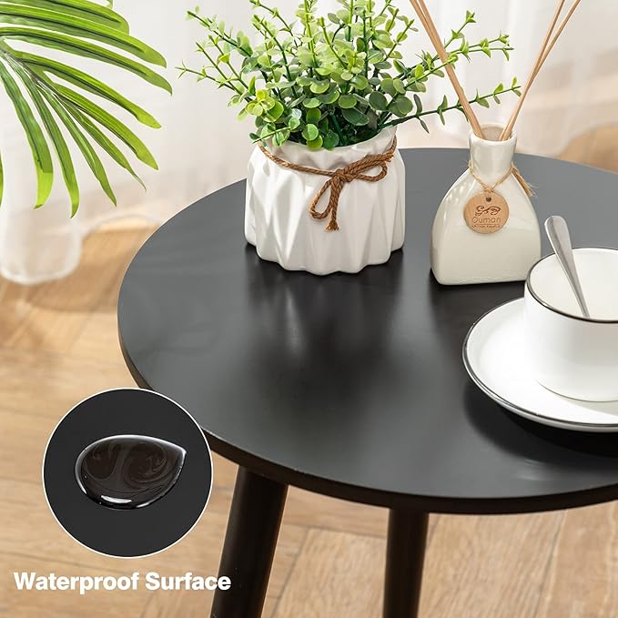 Apicizon Round Side Table Set of 2, Black Nightstand Coffee End Table for Living Room, Bedroom, Small Spaces, Morden Side Table Home Decor Bedside with Wood Legs, 16.5 x 20.5 Inches