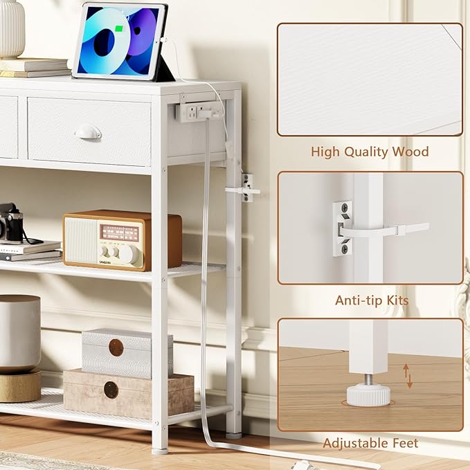 Furologee 38in Console Table with 3 Drawers, Small Sofa Table with Lights and Power Outlets, Hallway Tables with 3-Tier Shelves, White Narrow Console Table for Entryway, Living Room, Couch, Foyer