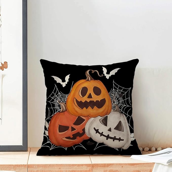 Halloween Pillow Covers 18 x 18 Inch, Burnt Orange Yellow Grey Pumpkin Decor Throw Pillows for Home Couch Bed, Black Cream Spider Web Bat Fall Decorative Pillowcase Linen Cushion Cover Set of 2