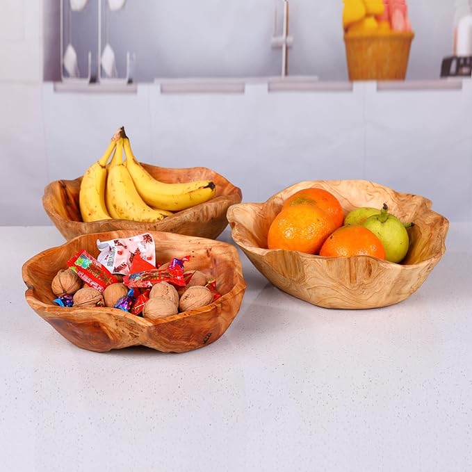 Wooden Bowl for Decor, Natural Shape Solid Wood Carved Fruit Bowl, Decorative Wooden Bowl for Table Centerpiece Office Home Decor, Multipurpose Candy Keys Serving Bowls (Medium 10"-12")