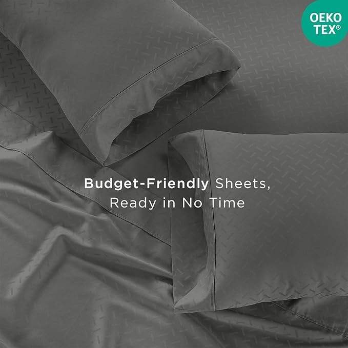 Threadmill Cotton Twin XL Sheet Set | 100% Cotton Sheets for Twin XL Size Bed | Damask Jacquard Sateen Twin XL Bed Sheets Set with 16” Deep Pocket | Soft Breathable 3-Piece Cooling Sheets | Dark Grey