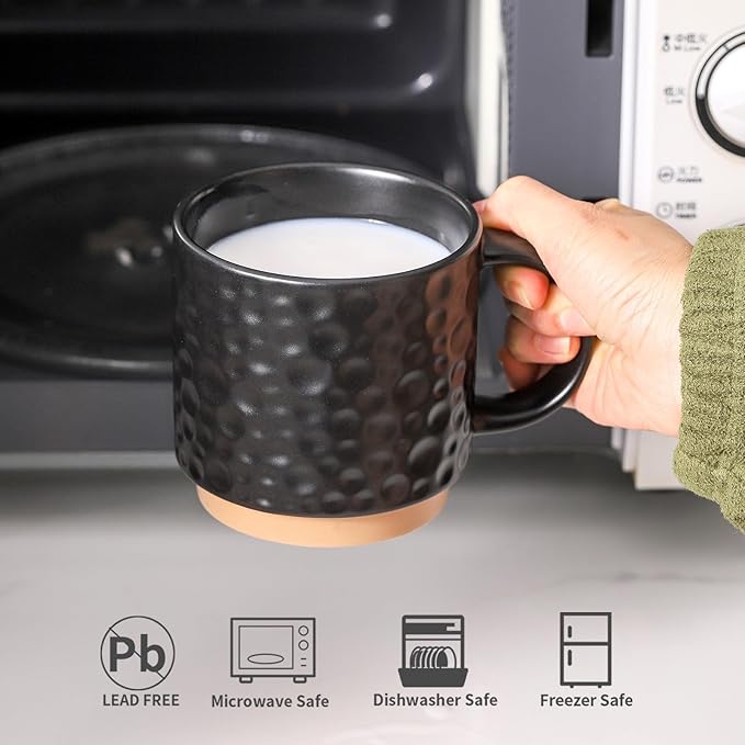 Nihow Ceramic Coffee Mug Set of 4, 16OZ Stackable Coffee Mug Set with Stainless Stand,Large Cup Set for Cappuccino,Tea,Hot/Cold Drinks,Dishwasher & Microwave Safe,Matte Black