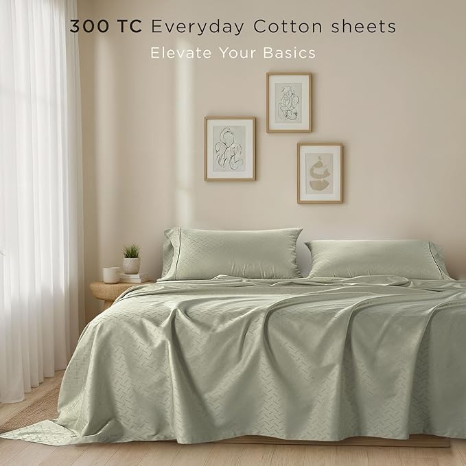 Threadmill Cotton Full Size Sheet Set | 100% Cotton Sheets for Full Size Bed | Damask Jacquard Full Bed Sheets Set with 16” Deep Pocket | Soft Sateen Weave 4-Piece Cooling Bedding Set | Sage Green
