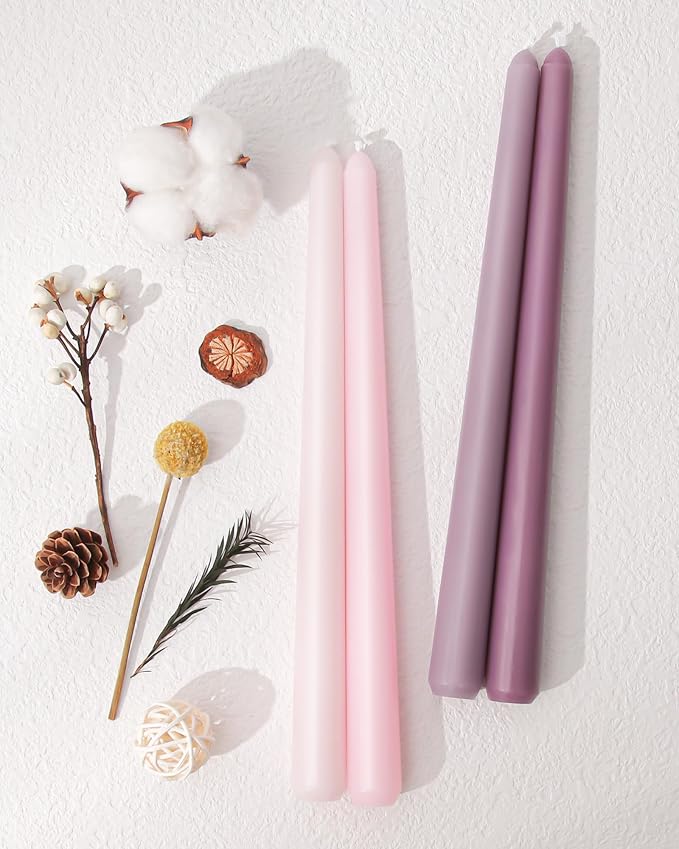 Viyffo Taper Candles 10 Inch Pink with a Purple Hue Set of 4 Unscented, Dripless, Smokeless Long Tall Tapered Candlesticks Wedding Home Decor Dinner Natural Color Series
