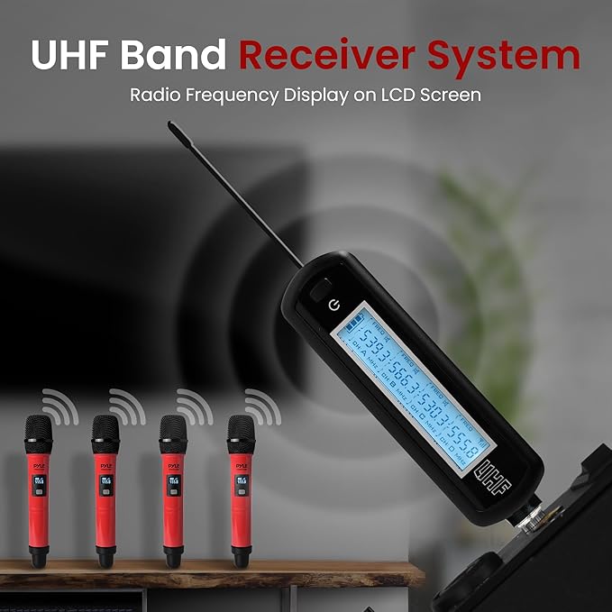 Pyle Portable UHF Band Receiver System, 4 Channel Wireless Microphone System Independent Channel Controls, RF Signal LCD Indicator, Digital Audio Microphone Set with 4 Handheld Microphones