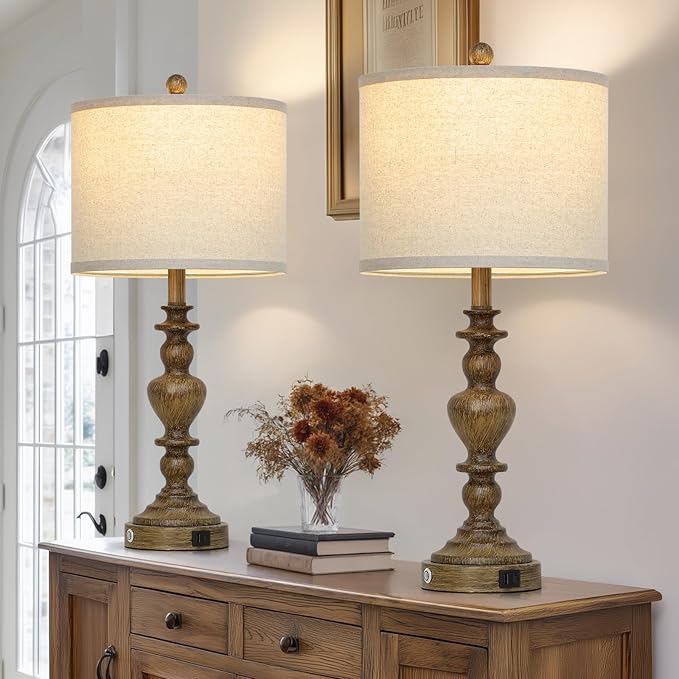 27" Vintage Table Lamps Set of 2, Farmhouse Resin Bedside Lamp with USB C+A Ports & AC Outlet, 3-Way Dimmable Touch Control Lamps for Living Room Bedroom Nightstand Antique Brown Washed Wooden Finish