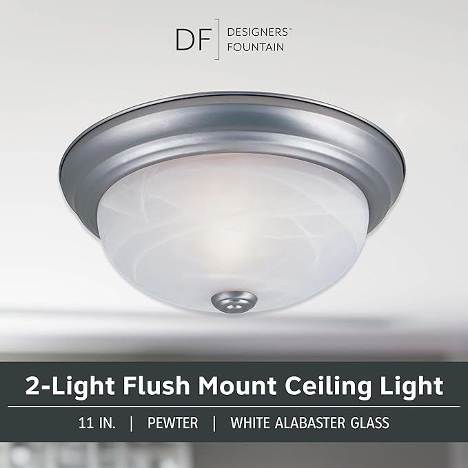 DESIGNERS FOUNTAIN Reedley 2-Lights Flush Mount Ceiling Light, 11 Inch Lighting Fixture for Kitchen, Bedroom, Bathroom, and Hallway, White Alabaster Glass, Pewter, 1257S-PW-AL
