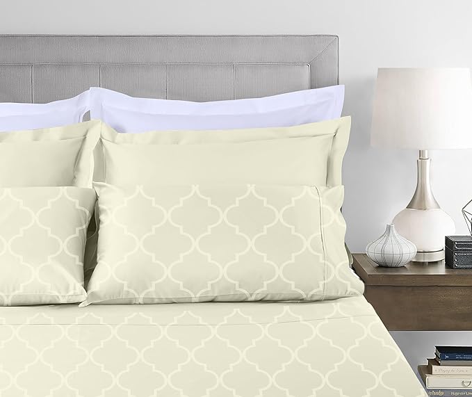 Threadmill Cotton Queen Sheet Set - 100% Cotton Damask Jacquard Sheets With 16" Deep Pocket - Soft Sateen Weave 4-Piece Cooling Bedding for Queen Size Bed - Ivory