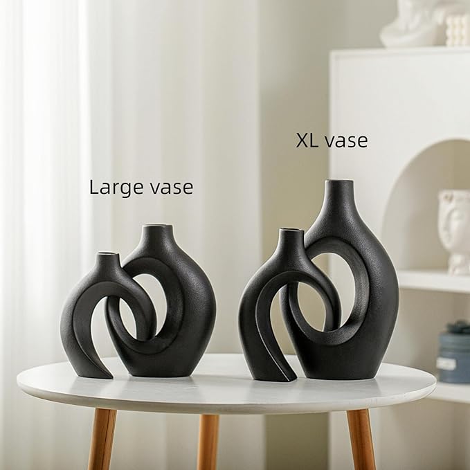 Snuggle Hollow Modern Ceramic Vase Set of 2, Mid Century Nordic Aesthetic Decorative Vase Decorative Vases for Home Table Decor (Matte Black W 6.8" X H 11")