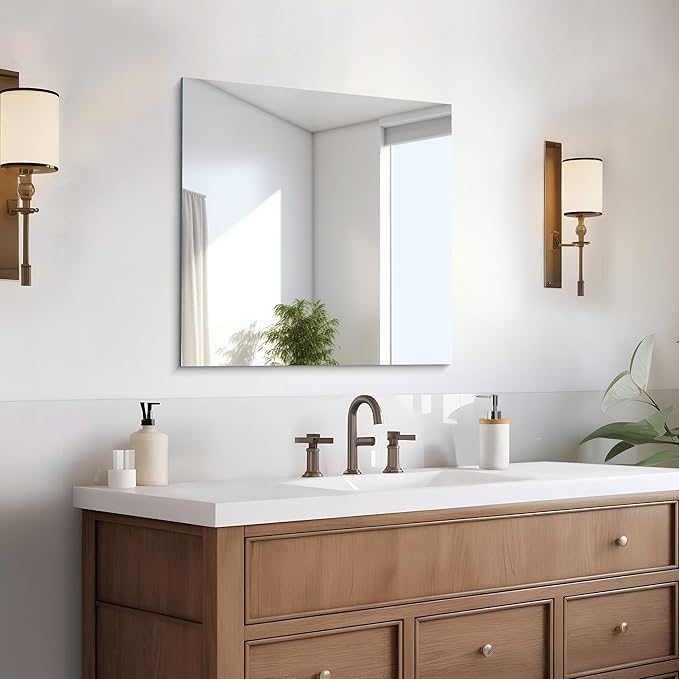 Frameless Mirror, 24x24 inch Square Bathroom Mirrors for Wall, Upgraded Shatterproof Vanity Mirror Over Sink with Polished Edge for Bathroom,Bedroom,Living Room and Entryway