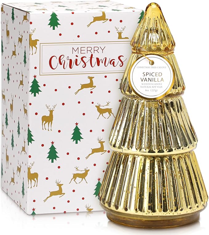 Christmas Tree Shaped Candle, Christmas Tree Scented Candles Gift, Tower Shaped Mercury Xmas Tree Candles, Winter Xmas Table Decorations Gold Tree Candle, 8oz
