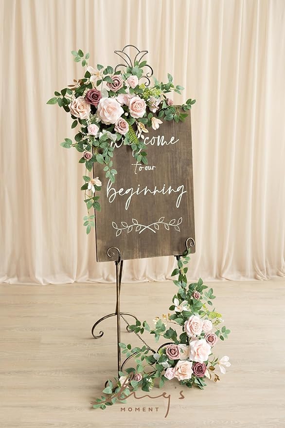 Ling's moment 2pcs Wedding Flowers Garland Artificial Floral Swag Arch Decorations Greenery Arrangements Dusty Rose Cream Ceremony Reception Garden Easel Wall Entryway Outdoor Board(NOT Include Sign)