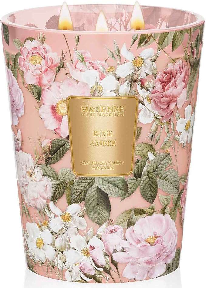 M&SENSE Extra Large Candle Rose Amber Scented, 3-Wick 35oz 150H Long Lasting, Natural Soy Wax Aromatherapy Candle for Stress Relief, Home Fragrance Housewarming Gifts Candle for Home Decor