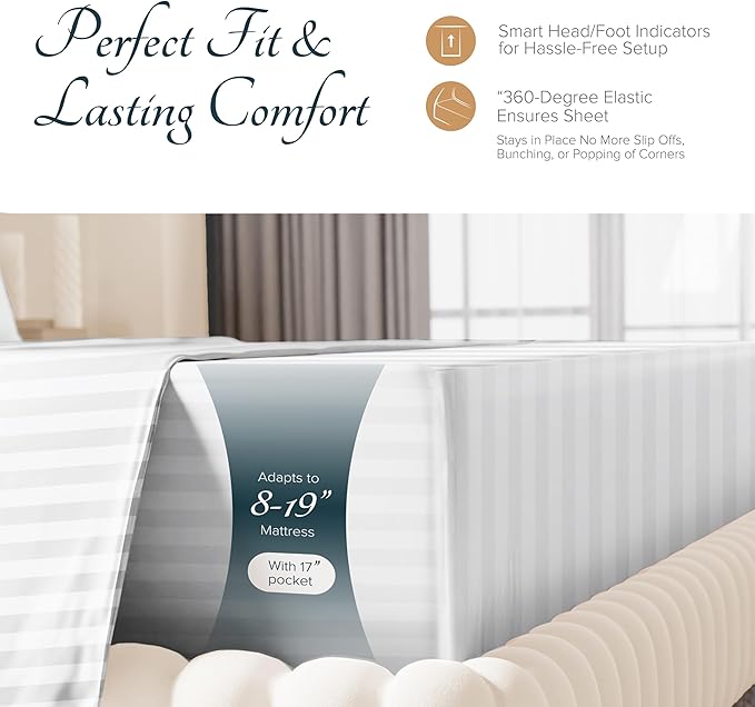 Carressa Linen Egyptian Cotton Sheets - 1500 Thread Count 4 PC King Sheet Set Egyptian Cotton, Luxury Damask Sheets King Size, Silky Soft, Cooling Deep Pocket Sheet, Fits Upto 19" - White Stripe