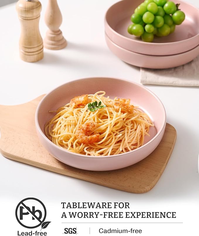 famiware Milkyway Pasta Bowls Set of 4, 8.5" Large Salad Bowls, Double Reactive Glaze, Sturdy & Stackable, Ideal for Housewarming, Festivals, Light Pink