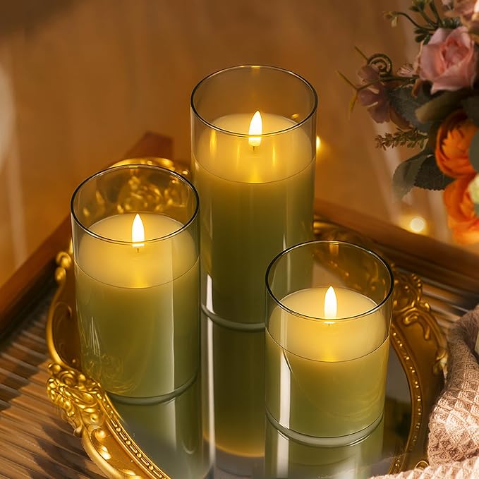 Tyawon Glass Battery Operated LED Flameless Candles with Remote and Timer, Real Wax Candles Warm Color Flickering Light for Festival Wedding Home Party Decor(Pack of 3)-Green