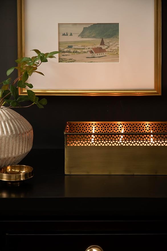 Kate and Laurel Pearce Rectangle Unscented Candle, 11 x 6 x 4, Antique Brass, Large Three-Wick Candle with Decorative Metal Vessel for Living Room Decor