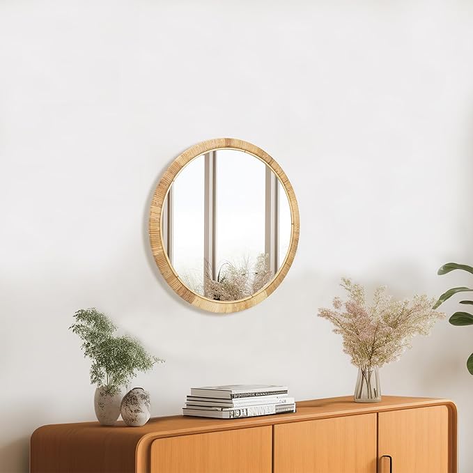 Rattan Wall Mirror, 24in Round Mirror for Wall, Natural Rattan Frame Boho Mirror for Farmhouse Bedroom Checkroom Livingroom Decor