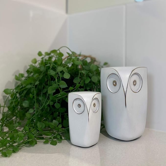 Wise Owl Decor Statue Sculptures – Set of 2 Small White Resin Figurines, 5¾ & 4 Inches High, Minimalist Decor for Home, Office, Bookshelf, or Desk