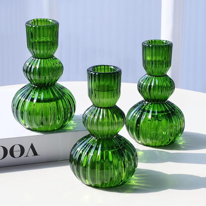 Woho Candlestick Holders Set of 6 for Christmas Decorations, 4.3" Ribbed Glass Taper Candle Holders for Spring Wedding Table, Vintage Candle Sticks Holder Decor for St. Patrick's Day/Daily Home Decor