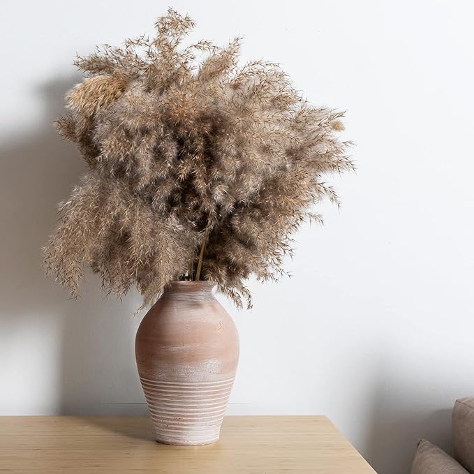 LUKA Ceramic Rustic Farmhouse Vase, 9.2 inch Whitewashed Terracotta Vase, Pottery Decorative Flower Vases,Clay Decorative Vases for Home Decor, Table, Living Room, Shelf, Mantel Decoration