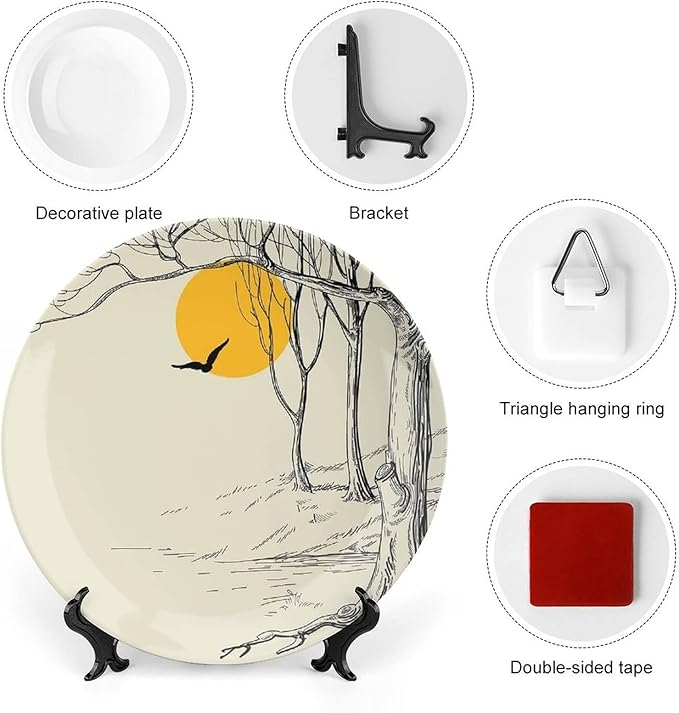 8 Inch Decorative Plate, Apartment Decor Ceramic Plate, Full Moon in Forest with Dry Branch Gull Tranquil Calm Nature Print Ceramic Wall Hanging Decor Accessory for Dining Table Tabletop Home Decor