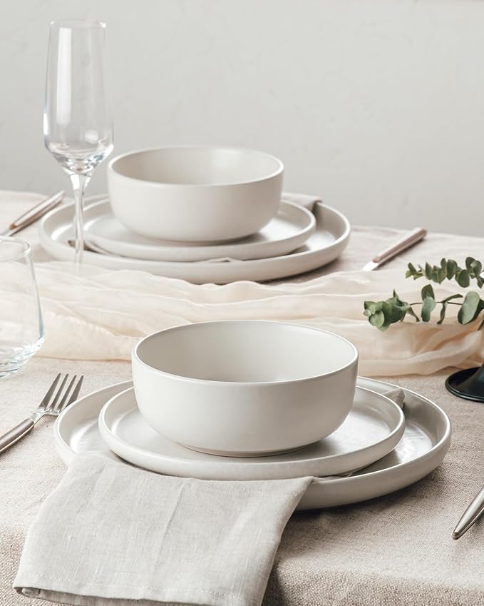 Famiware Milkyway Stoneware Dinnerware Sets with Pasta Bowls, Service for 4 (16 Pieces), Reactive Glaze Plates and Bowls Sets, Microwave and Dishwasher Safe Dishes Set, Matte White