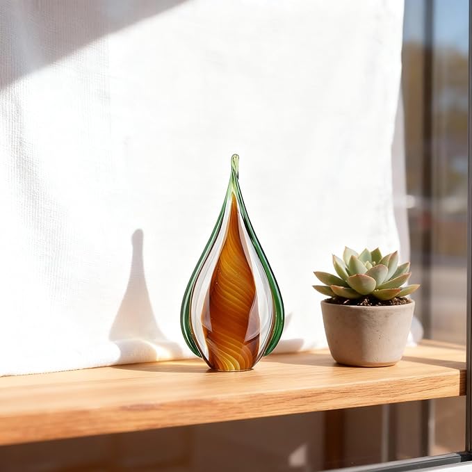 DOVDOV Blown Glass Sculpture, Green and Brown Glass Art Collectible Statue, Unique Teardrop Ornament, Suitable for Office, Bookshelf, Dressing Table, Living Room Coffee Table, or Mantelpiece Display.