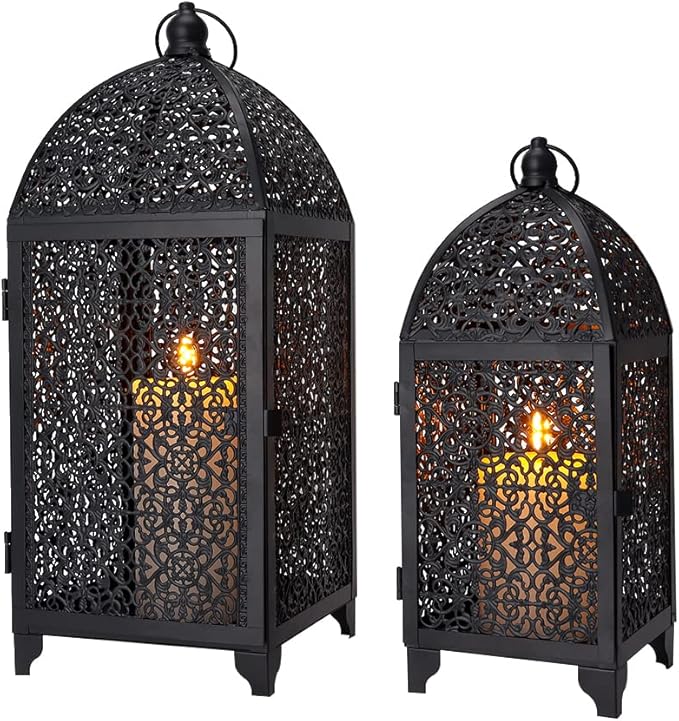TRIROCKS Set of 2 Vintage Decorative Candle Lantern 12''&16.5'' High Metal Candle Holder Hanging Lantern with Hollow Pattern for Living Room Garden Parties Events Indoors Outdoors(Black)