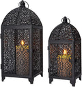 TRIROCKS Set of 2 Vintage Decorative Candle Lantern 12''&16.5'' High Metal Candle Holder Hanging Lantern with Hollow Pattern for Living Room Garden Parties Events Indoors Outdoors(Black)