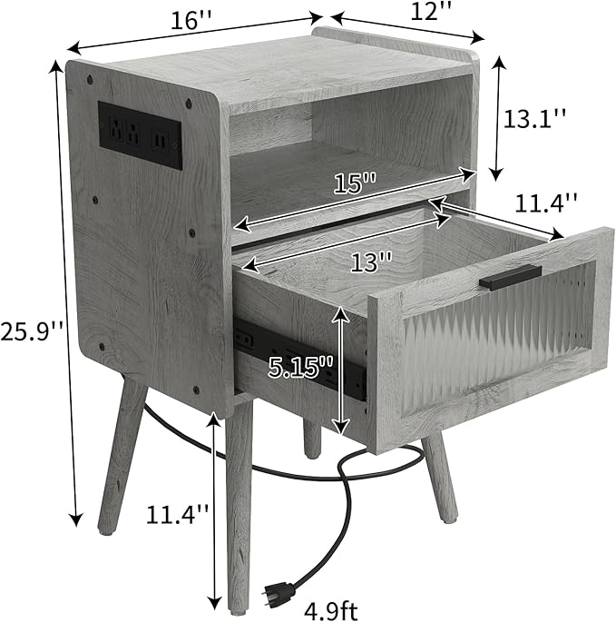 SOOWERY Mid Century Modern Nightstand with Charging Station, Bedside Tables with Acrylic Drawer, End Table Side Table with 2 Tiers Storage Space, for Bedroom, Living Room, Light Grey