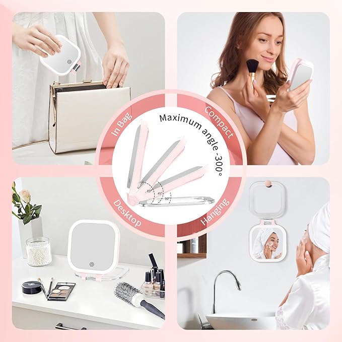 FASCINATE 20X Magnification Compact Travel Makeup Mirror with Lights and Magnification, 3.5 inch Portable 1X/20X Magnifying Mirror with 3 Color Light, Folding, Handheld (Pink)