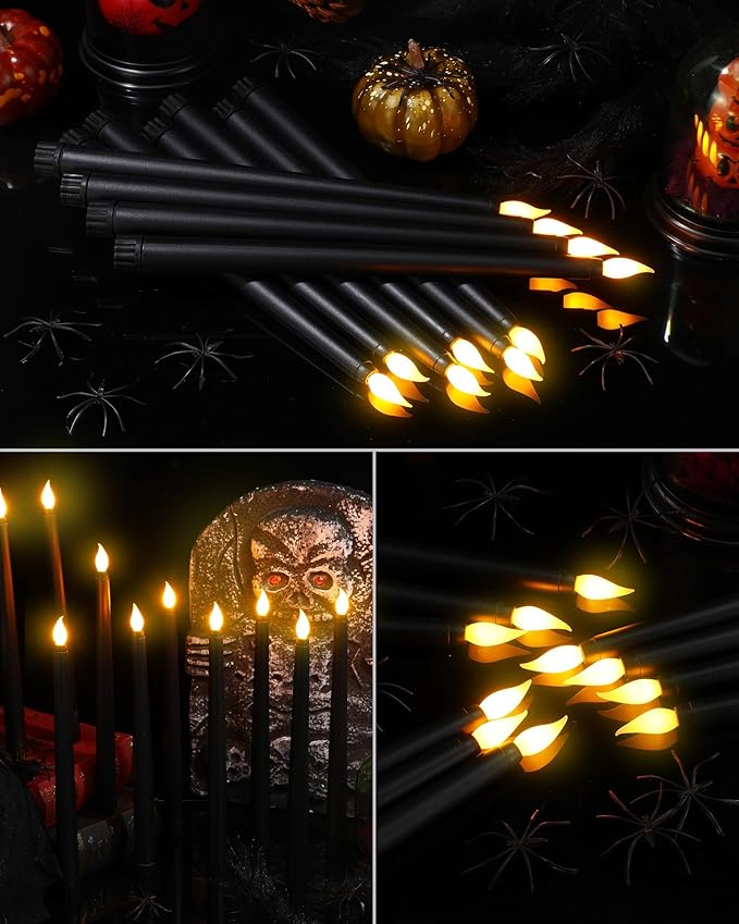 Funtery 48 Pcs Black Flameless Taper Candles 11 Inch Halloween Battery Operated Candles Bulk LED Candlesticks Flickering for Halloween Party Indoor Decoration
