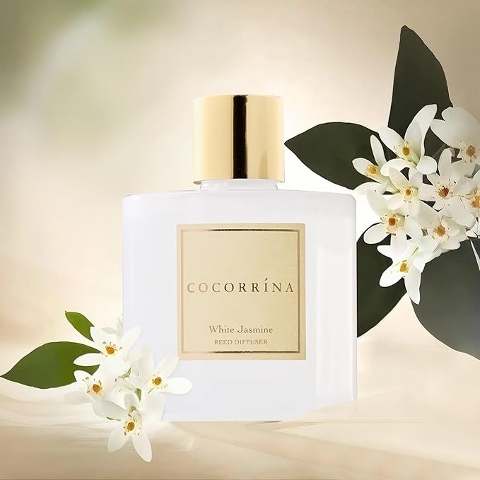 COCORRÍNA Reed Diffuser - White Jasmine 6.7 Fl.oz Reed Diffuser Set with Sticks & Preserved Baby's Breath, Reed Diffuser for Home Bathroom Shelf Decor