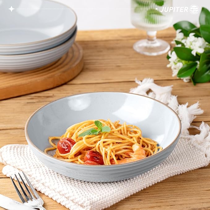 famiware Jupiter Pasta Bowls, 30 OZ Large Salad Bowls Set of 4, Microwave and Dishwasher Safe, Sturdy & Stackable, Serving Bowls for Kitchen, Light Gray