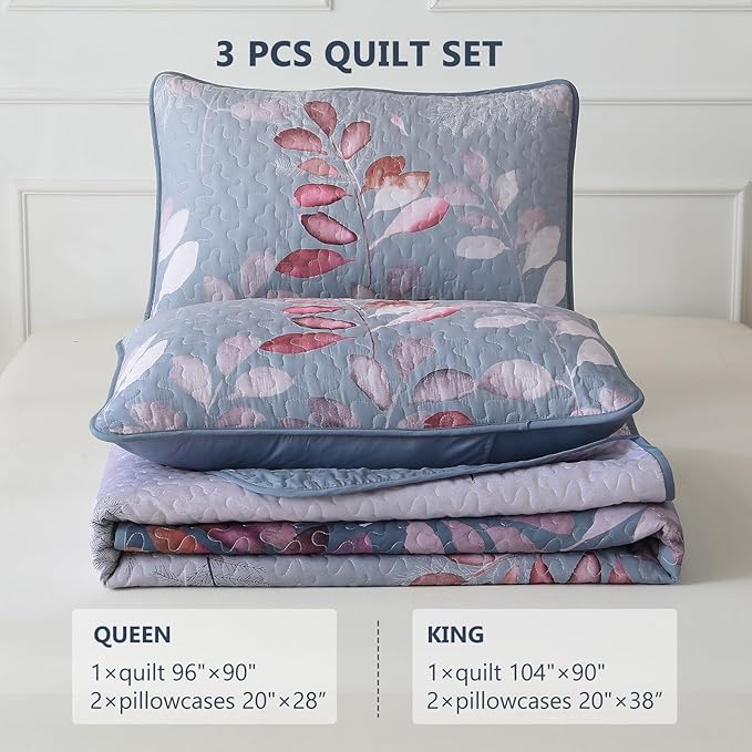 WONGS BEDDING 3 Pieces Quilt Set Queen Size, Blue-Purple Floral Bedspread Coverlet Set, Soft Microfiber Lightweight Floral Bedding Set King 104"×90"