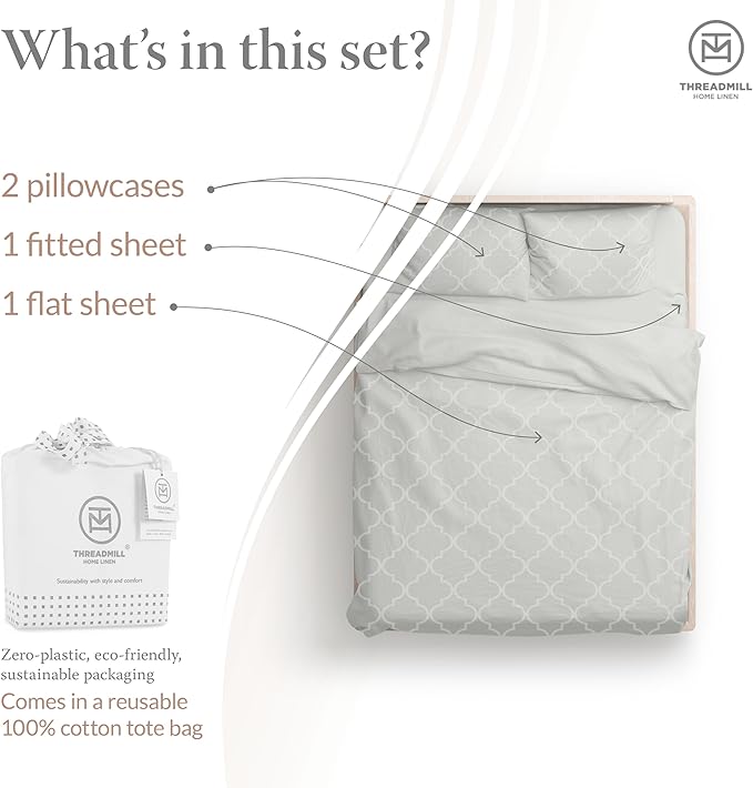 Threadmill 100% Cotton Sheets for King Size Bed | 4 Pc King Bed Sheets Set | Soft, Breathable Lightweight Damask Sateen for All-Season Use | Snug Fit Elastic Deep Pocket King Sheets | Light Grey