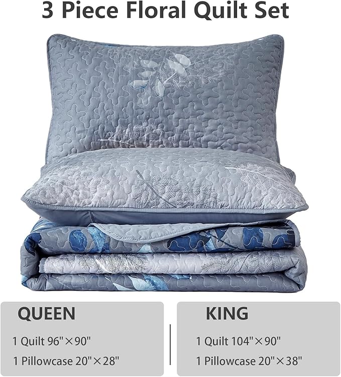 WONGS BEDDING Blue Quilt Set Queen Size,3 Pieces Navy Blue Floral Bedspread Coverlet Set,Soft Microfiber Lightweight Grayish Blue Gradient Floral Bedding Set Queen 96"x90"