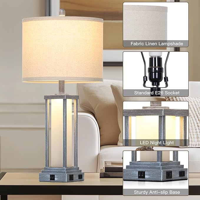 27" Tall Vintage Table Lamp Set of 2 with USB C+A & Outlet,Gray Nightstand Lamp for Living Room,Retro Bedside Lamps with Frosted Glass Night Light for Bedroom Entryway,Grey