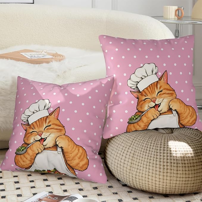 Cat Pillow Covers 22x22 - Polka Dot Pillowcase Set of 2 Pink Kitten Cushion Covers for Sofa Couch Bed