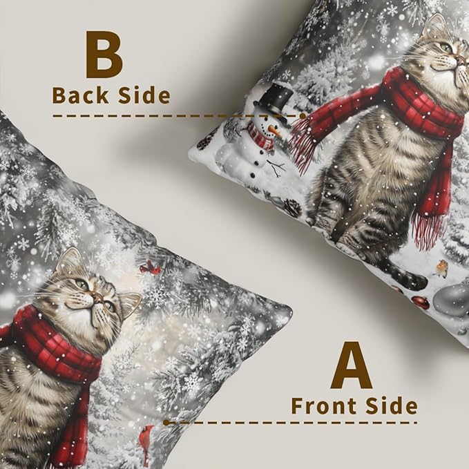 Winter Cat Pillow Cover - Christmas Kitten Throw Pillows Covers 16x16 Set of 2 Snowflake Pillow Cases for Sofa Bedroom
