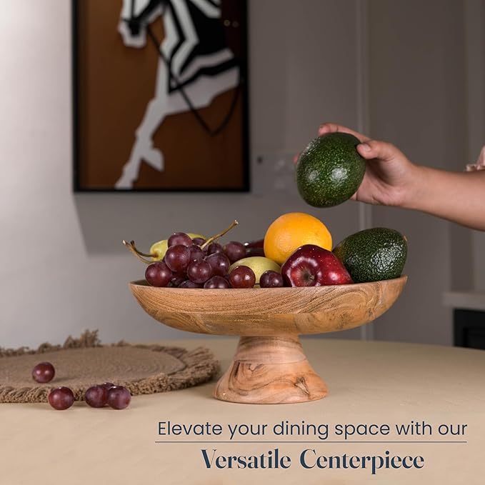 The Fine Living Co. Wooden Fruit Bowl, 12 inch Large Serving Platter for Dessert, Round Serving Bowl for Cake, Snacks, Acacia Wood Bowls for Centrepiece, Wedding, Natural, 12"x2"